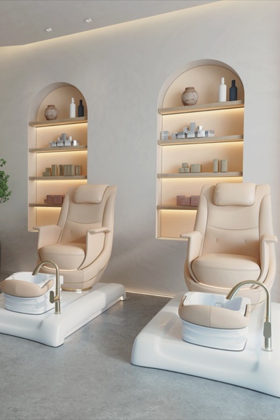 pedicure chair, salon chair, spa equipment, foot spa station, salon furniture, brand awareness, minimalist, editorial, calm, luxurious, neutral